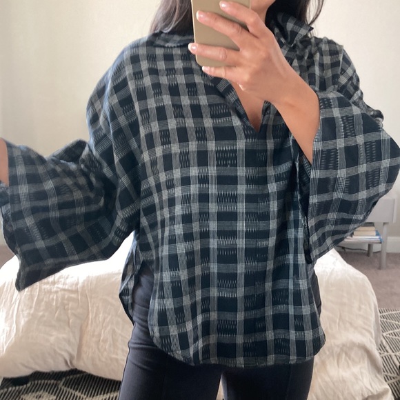 TOME New York check flutter sleeve henley blouse - Picture 12 of 14